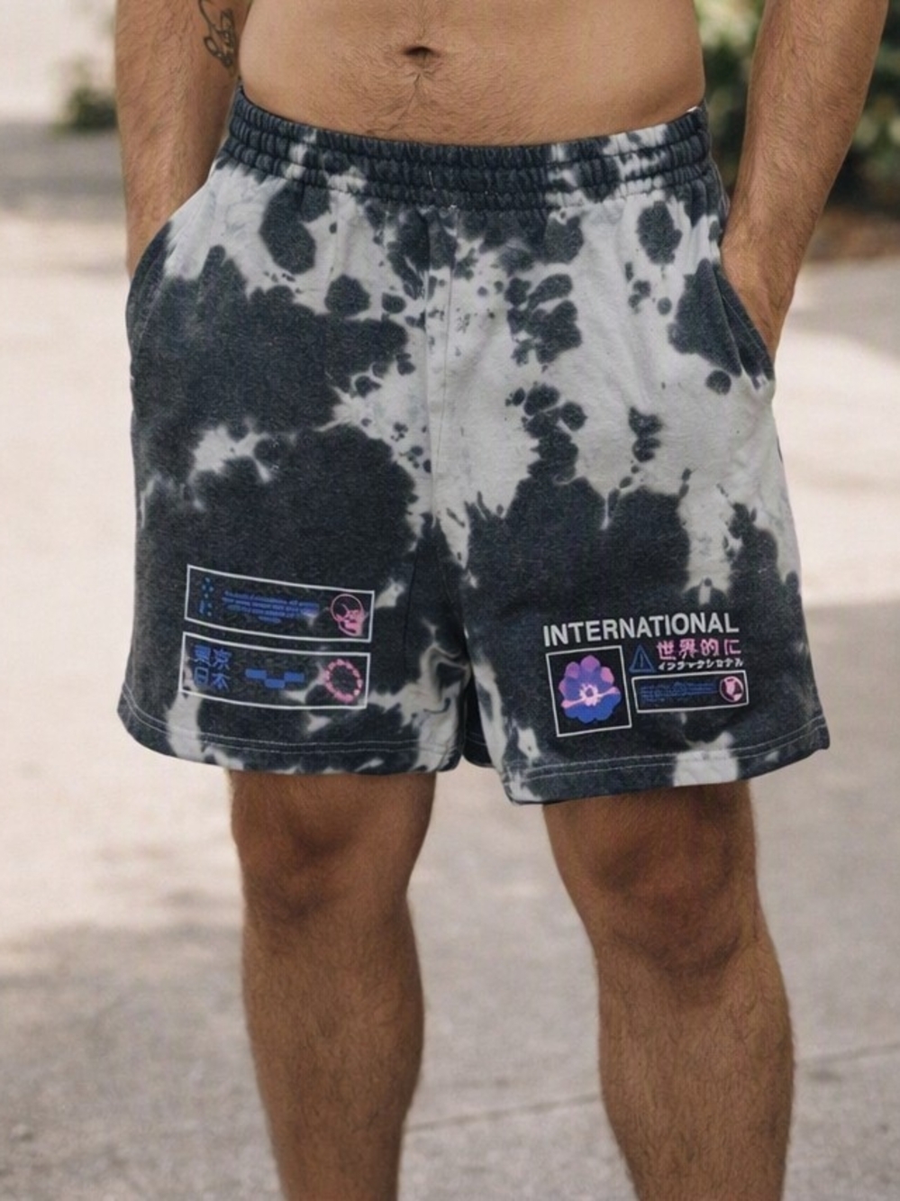 Tie-Dye Black & White Casual Men's Shorts with Graphic Detail